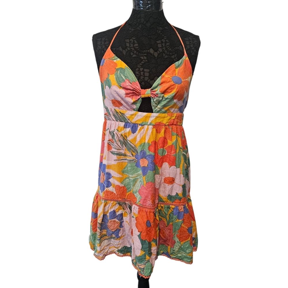 Gianni Bini Red and OrangeTiered Ruffled Floral Lined Sundress Boho Size Large
